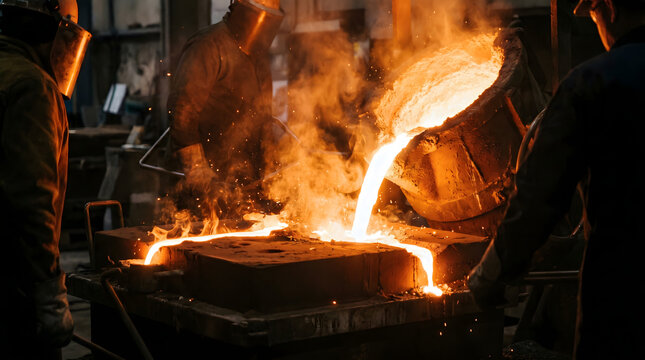 Workers pouring glowing molten steel into sand molds inside a heavy industrial foundry factory