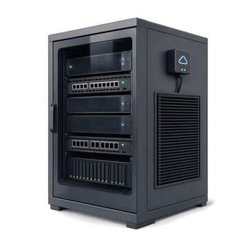 Modern server rack cabinet with network equipment and cloud storage device isolated on white transparent background
