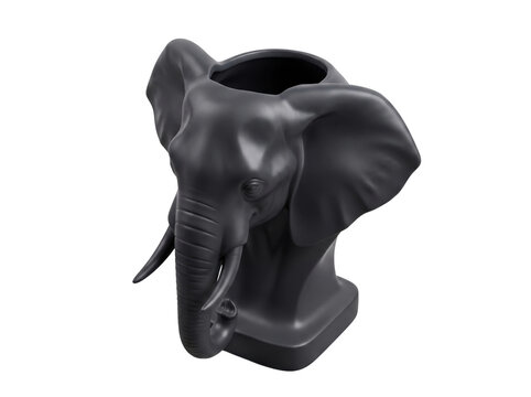 Black elephant head ceramic planter or decorative vase isolated on white background.