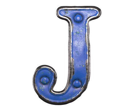 Blue scratched metal letter J with rivets