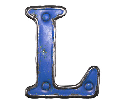 Blue scratched metal letter L with rivets