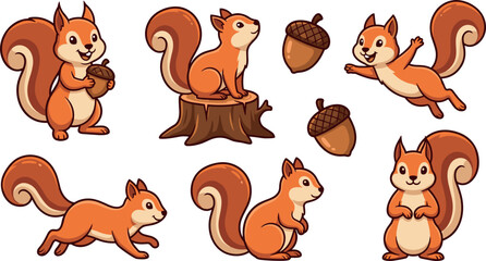 Cute Red Squirrel Cartoon Character Vector Illustration Set with Various Poses Holding Acorn, Sitting on Stump, Running, and Jumping for Kids Designs © Shuvo