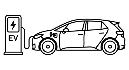 Naklejka premium Electric vehicle charging station and hatchback car depicted in a black and white line drawing