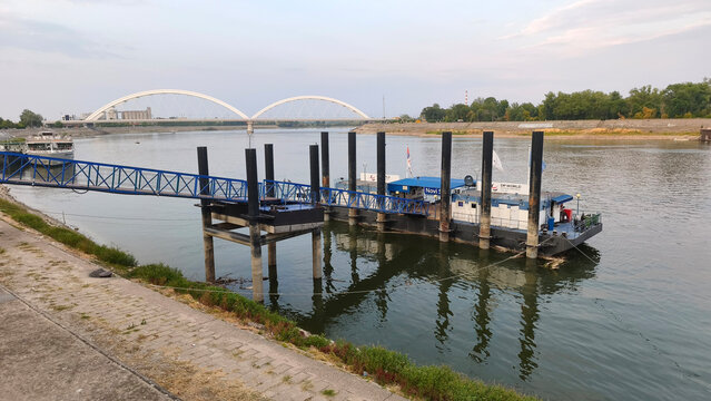 Novi Sad, Serbia, Vojvodina Province, August 7th, 2026, record low water level of Danube River at the main boat port