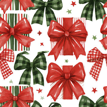 Whimsical gift wrap pattern with bright red satin bows and green plaid ribbons creating festive and joyful holiday design