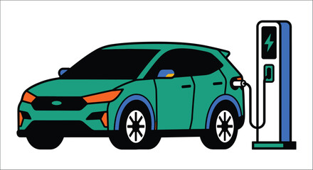 Naklejka premium Electric vehicle charging at a station a colorful vector illustration on a white background automobile