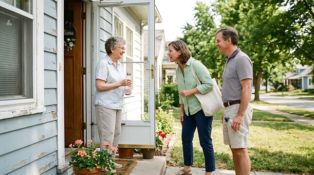 Friendly neighbors chat at the front door on a sunny summer day