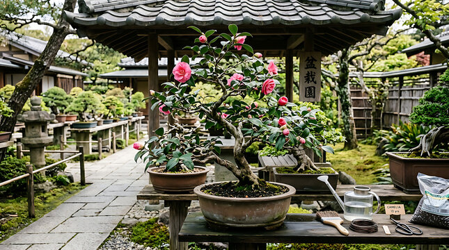 Traditional Japanese garden with blooming bonsai trees.