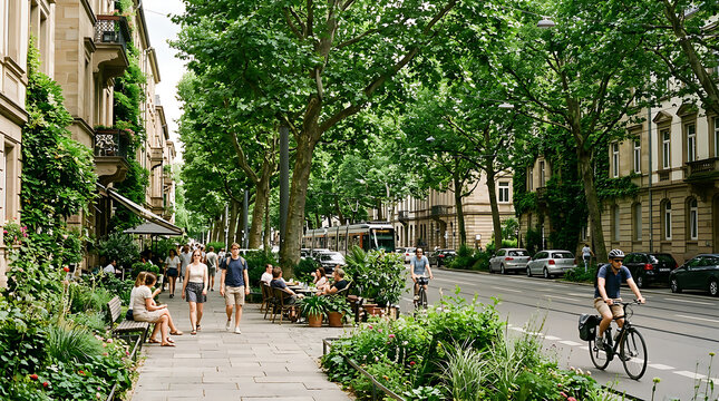 Tree lined urban street with pedestrians and cyclists.