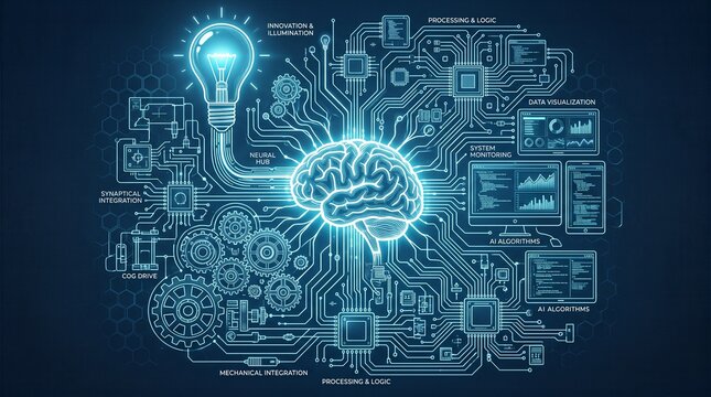 Concept of artificial intelligence and human mind interaction with digital brain connected to lightbulb on electronic circuit background