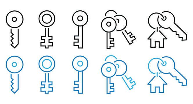 Icon set of single key, skeleton key, vintage key, double key ring, house keychain key line elements in black and blue styles. Door lock security and real estate key symbols isolated on white backgrou