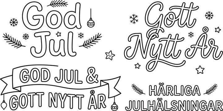 Swedish Christmas and New Year Lettering Vector Set with God Jul and Gott Nytt Ar Greetings for Festive Cards