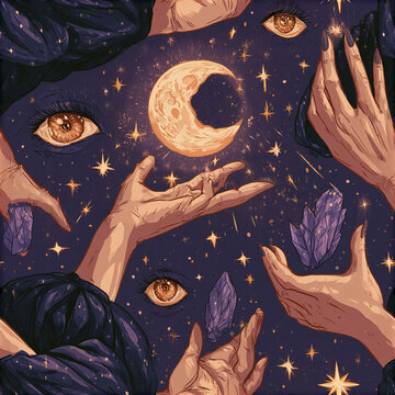 Whimsical witch hands pattern with crescent moon, mystical eyes, and purple crystals starry night background, magical