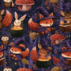 Naklejka premium Whimsical woodland witch pattern with fox, rabbit, owl, deer, mushroom, and magical elements in dark forest setting