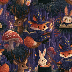 Naklejka premium Whimsical woodland witch pattern with foxes, rabbits, deer, mushrooms, and magical books in dark forest setting
