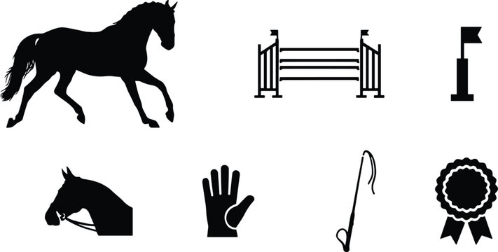 Equestrian horse riding silhouettes set featuring horse jumping obstacles riding crop award rosette and gear