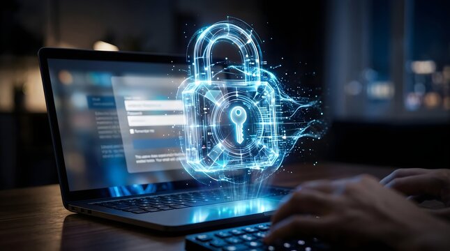 A hologram padlock emerges from the computer screen