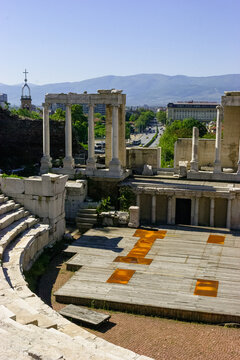 The Roman Theatre of Philippopolis, Plovdiv, Bulgaria, with the Hotel Trimontium Princess in the background.