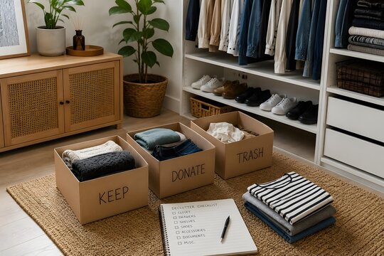 kraft paper storage cartons with handwritten categories on floor mat