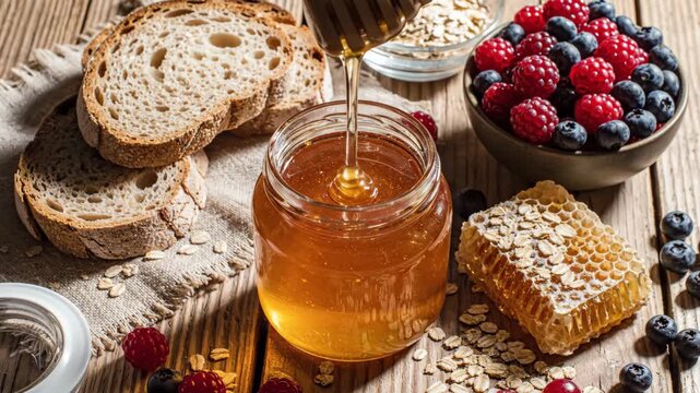 Golden honey pouring from a dipper into a glass jar surrounded by bread, berries, and oats.