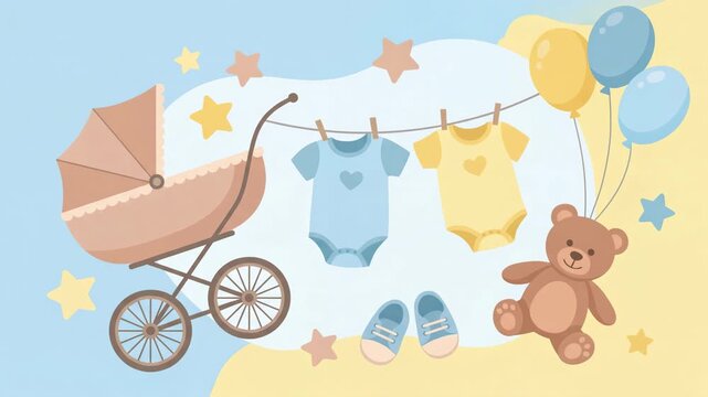 baby stroller with clothes, teddy bear, and balloons in a playful nursery setting