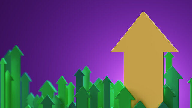 Golden Up Arrow Among Green Arrows Representing Growth, Business Success And Market Performance