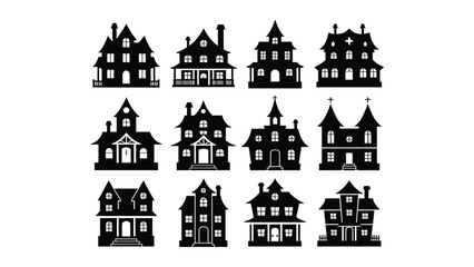 Fototapeta premium Set of halloween silhouettes featuring a black cat haunted house and flying bats for seasonal design. 