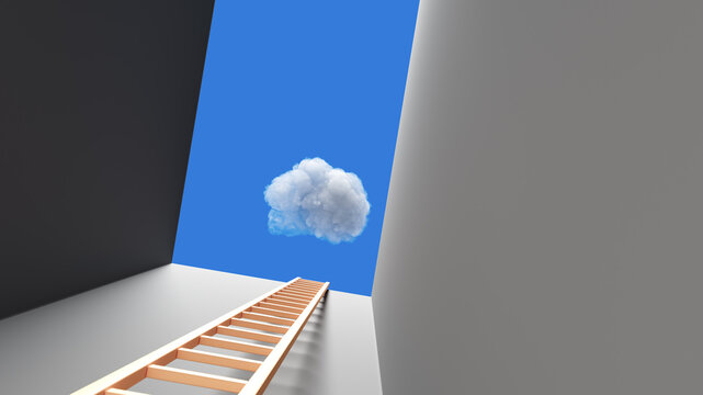 Wooden Ladder Reaching Up Through Concrete Opening To Blue Sky With Single Cloud, Concept Of Escape And Hope
