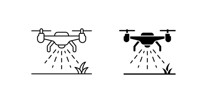 Agricultural drone spraying crops vector icon set for farming