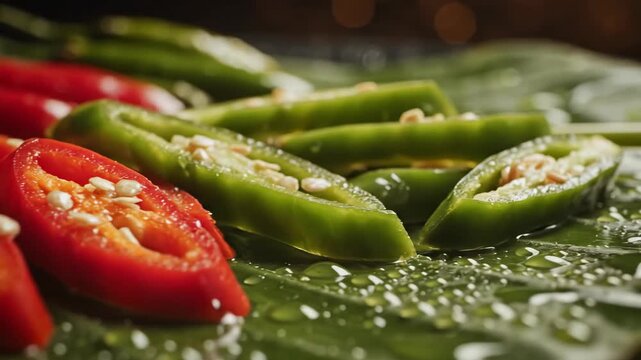 Sliced red and green chili peppers with water drops on a fresh banana leaf.