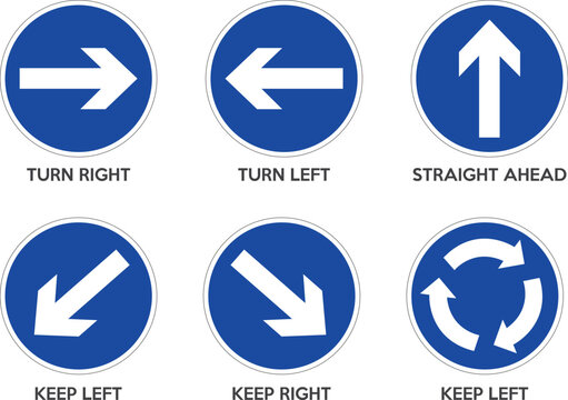 Set of blue circular road signs indicating traffic directions and mandatory movements