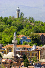A view of the city of Plovdiv, Bulgaria, showing the Djumaya Mosque minaret and the observation tower on Nebet Tepe hill. © Nick
