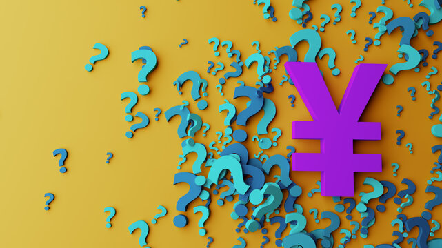 Purple Yen Symbol Surrounded By Blue Question Marks On Yellow Background Representing Financial Uncertainty