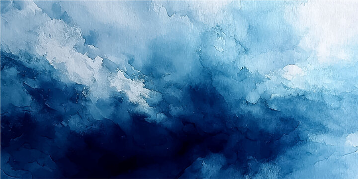 Abstract watercolor painting of blue and white clouds with textured brushstrokes suggesting a stormy sky with dramatic atmospheric effect.