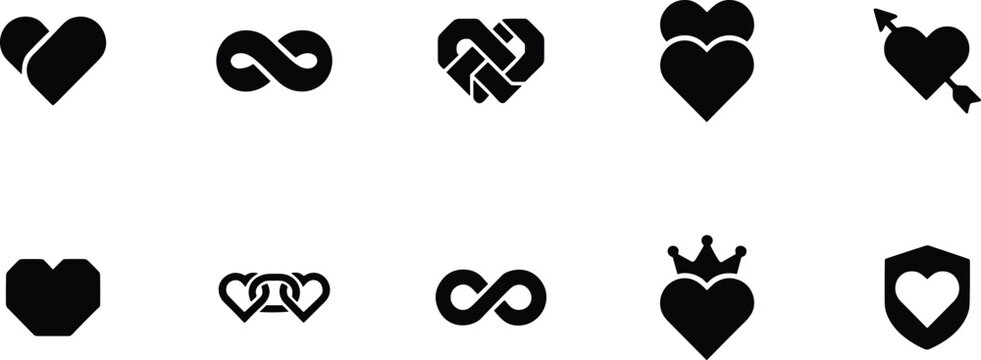 Minimalist black heart and infinity icons for romance love eternity and wedding branding projects