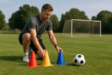 Obraz premium Man kneels on a grassy field arranging colorful cones beside a soccer ball, preparing for a drill. Outdoor training scene emphasizes agility, focus, and athletic conditioning.