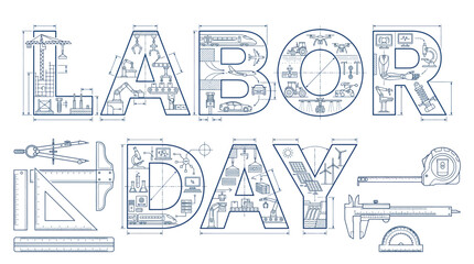 Fototapeta premium Labor Day Typography with Blueprint Engineering and Industrial Construction Icons – Vector Illustration