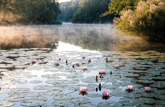 Beautiful serene lake covered with pink water lilies and lily pads