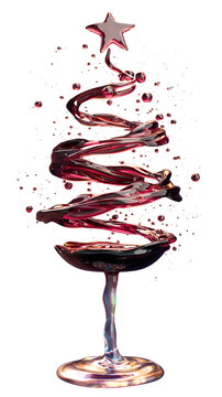 Wine Glass Christmas Tree With Red Swirl and Star Top Festive Holiday Art