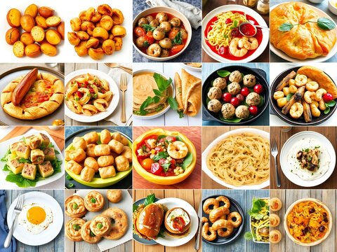 Collage of delicious assorted food dishes including pasta meat vegetables and breakfast items
