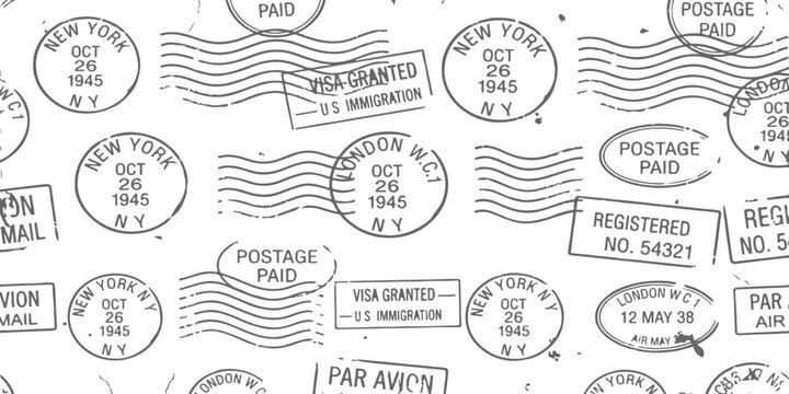 Vintage postmark stamps and immigration visa marks pattern background