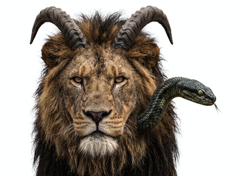Surreal portrait of a mythical chimera creature with lion head goat horns and snake.