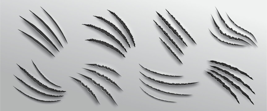Collection of black claw scratches with shadows on a gray background damage texture