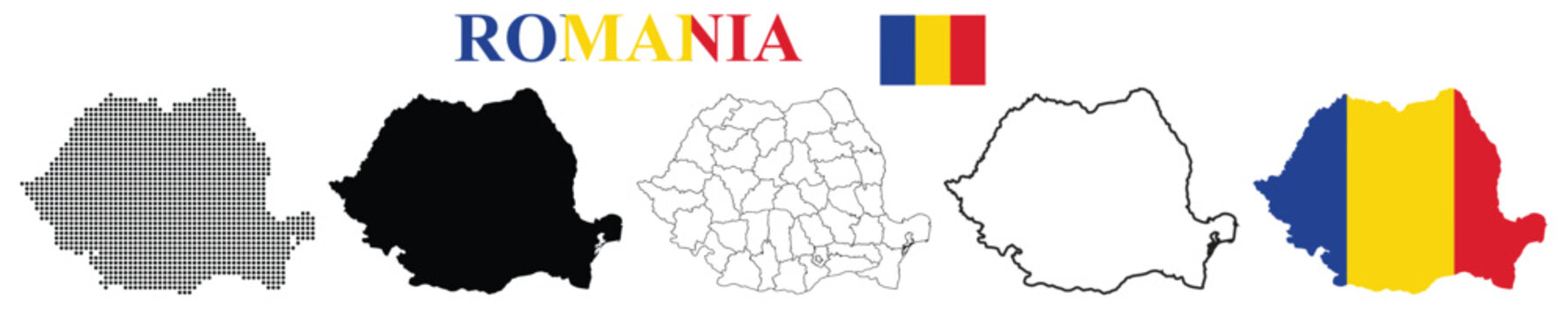 Romania Map Vector Set Flag Silhouette