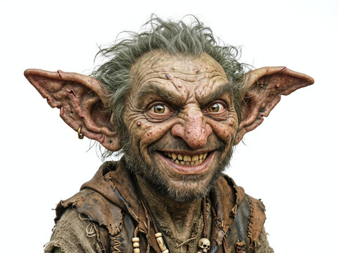 Close up portrait of a mischievous fantasy goblin with large ears and a wide toothy grin.