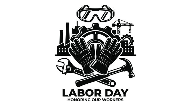 Labor Day Emblem with Tools and Industrial Elements &ndash; Vector Illustration Badge Design
