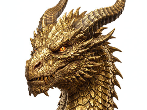 Detailed portrait of a majestic golden dragon with glowing eyes isolated on white background.