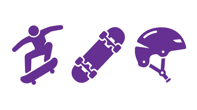 Skateboarding activity icons showing person skating skateboard deck protective helmet with skateboarding skateboard recreation lifestyle activity movement equipment isolated