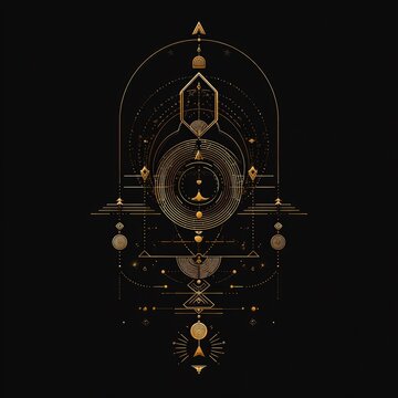 Geometric golden design on a black background, featuring shapes, circles, and lines