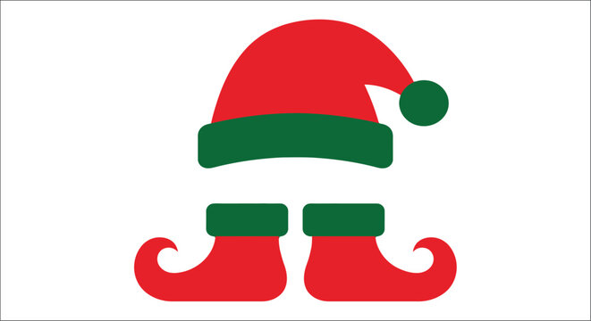 A festive elf hat and curled shoes are depicted in a flat two tone vector illustration